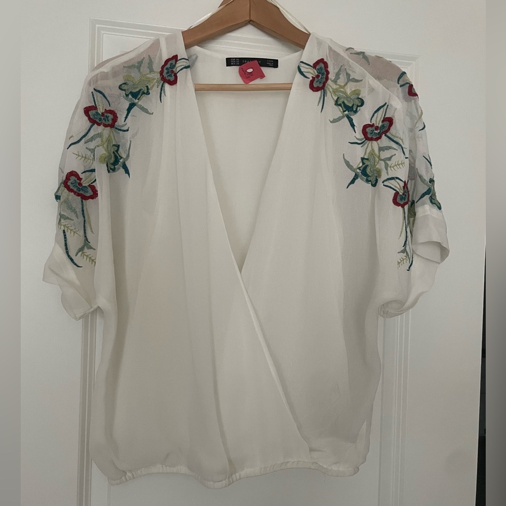 Zara embroidered sheer wrap top XS